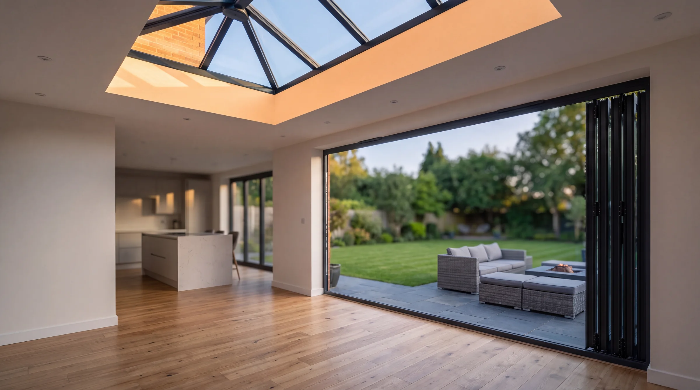 Anthracite aluminium bifold doors and roof lantern opening onto a landscaped garden — AA Windows & Doors, Sutton Surrey