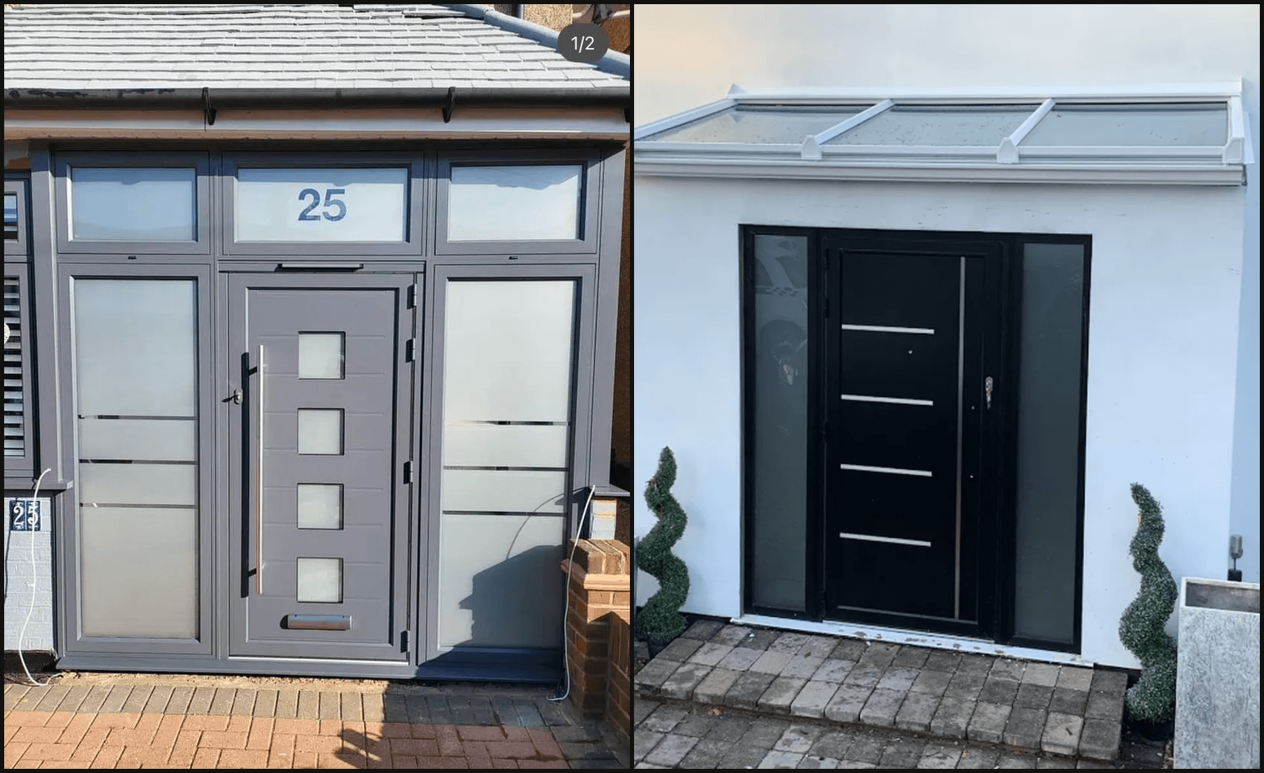Black composite front door with glass canopy and sidelights, Surrey