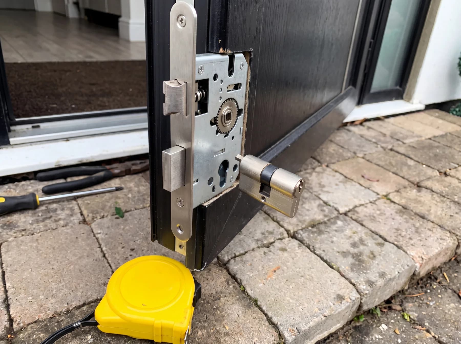 Door lock mechanism repair with yellow tape measure