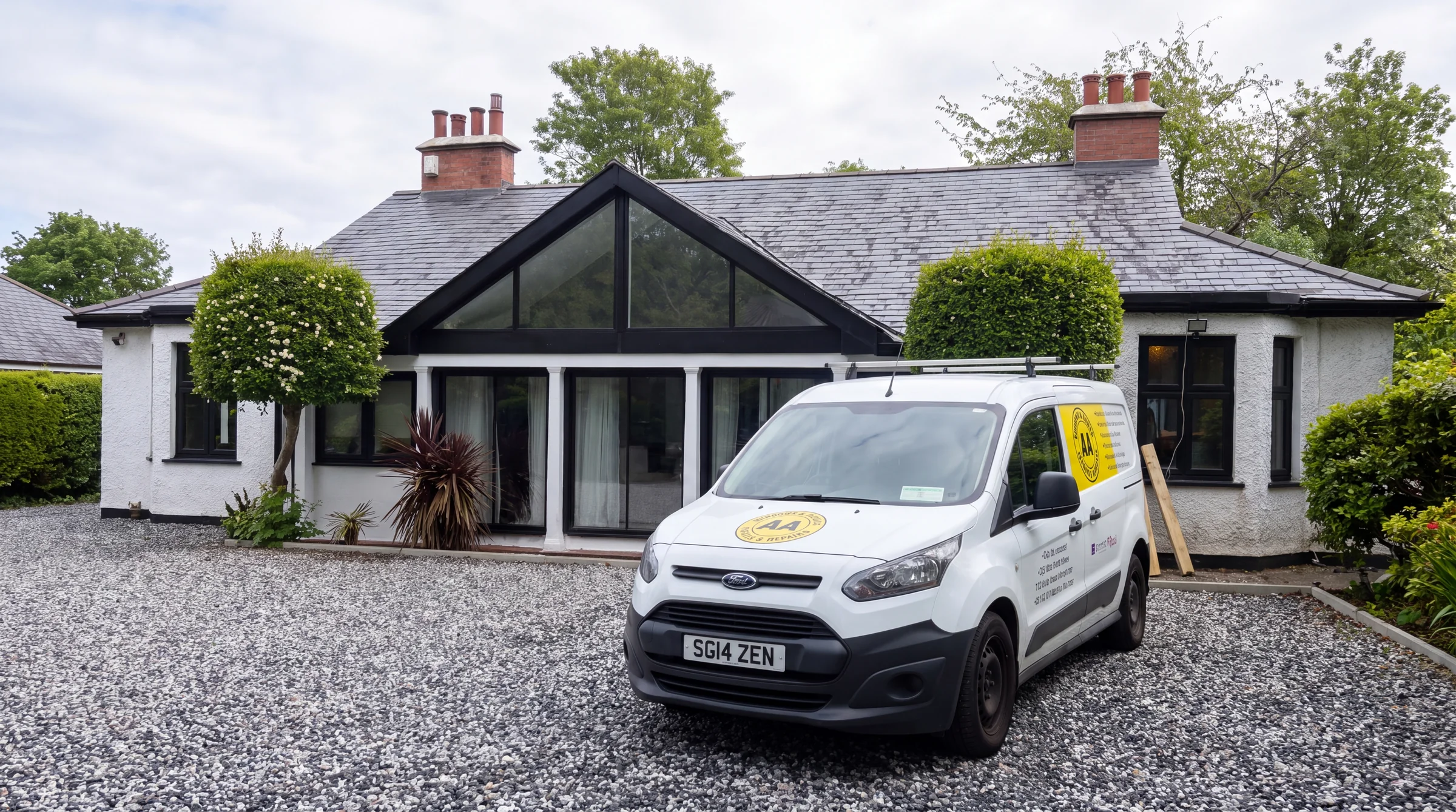 AA Windows & Doors branded van outside a completed installation at The Gallop, Sutton